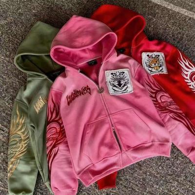 VibeStreet Sweat à capuche zippé ample graphique rock américain gothique col en fourrure Hommes et Femmes Y2K Nouveau Harajuku Punk Décontracté Sweat à capuche Streetwear