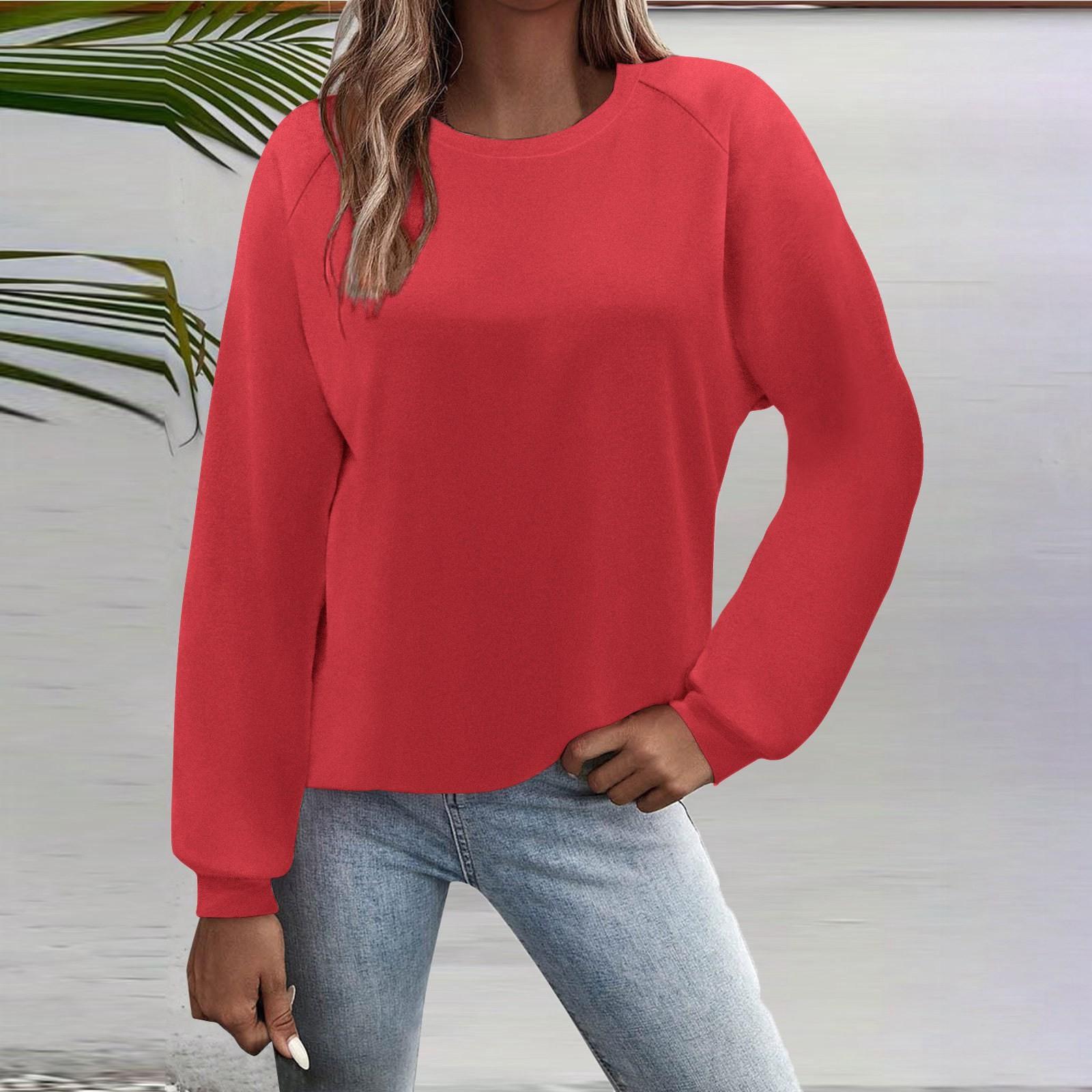 

Женская мода повседневный однотонный круглый вырез рукав длинный рукав топ S красный