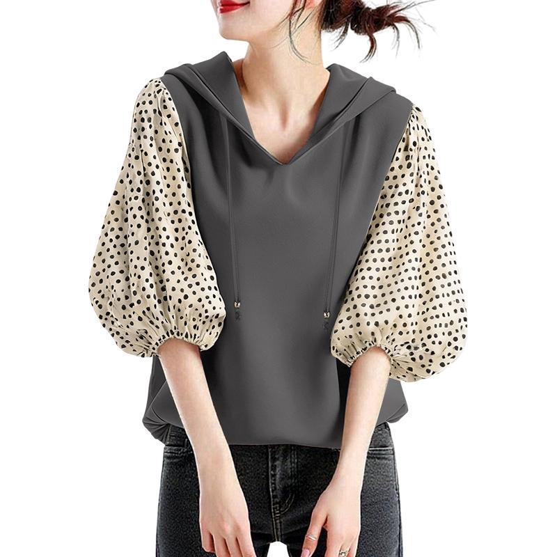 ZANZEA Femei Casual Imprimeu Buline Splice Mânecă 3/4 Hanorac Lejer Bluză