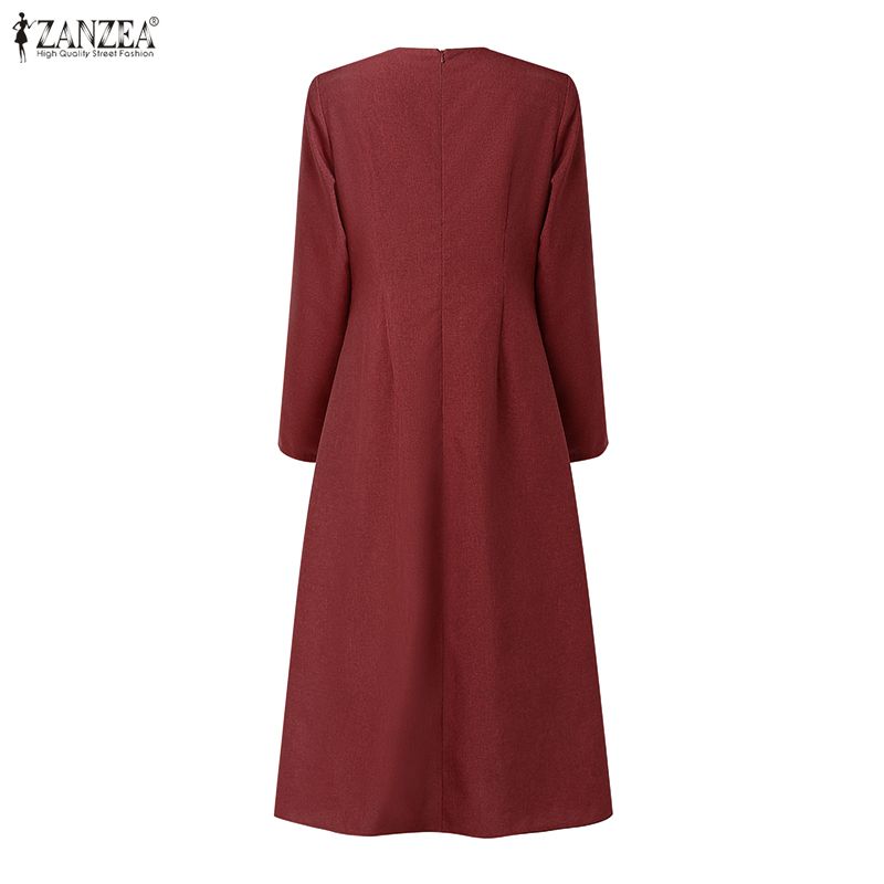 ZANZEA Women Casual Round Neck Long Sleeve A-Line Dress