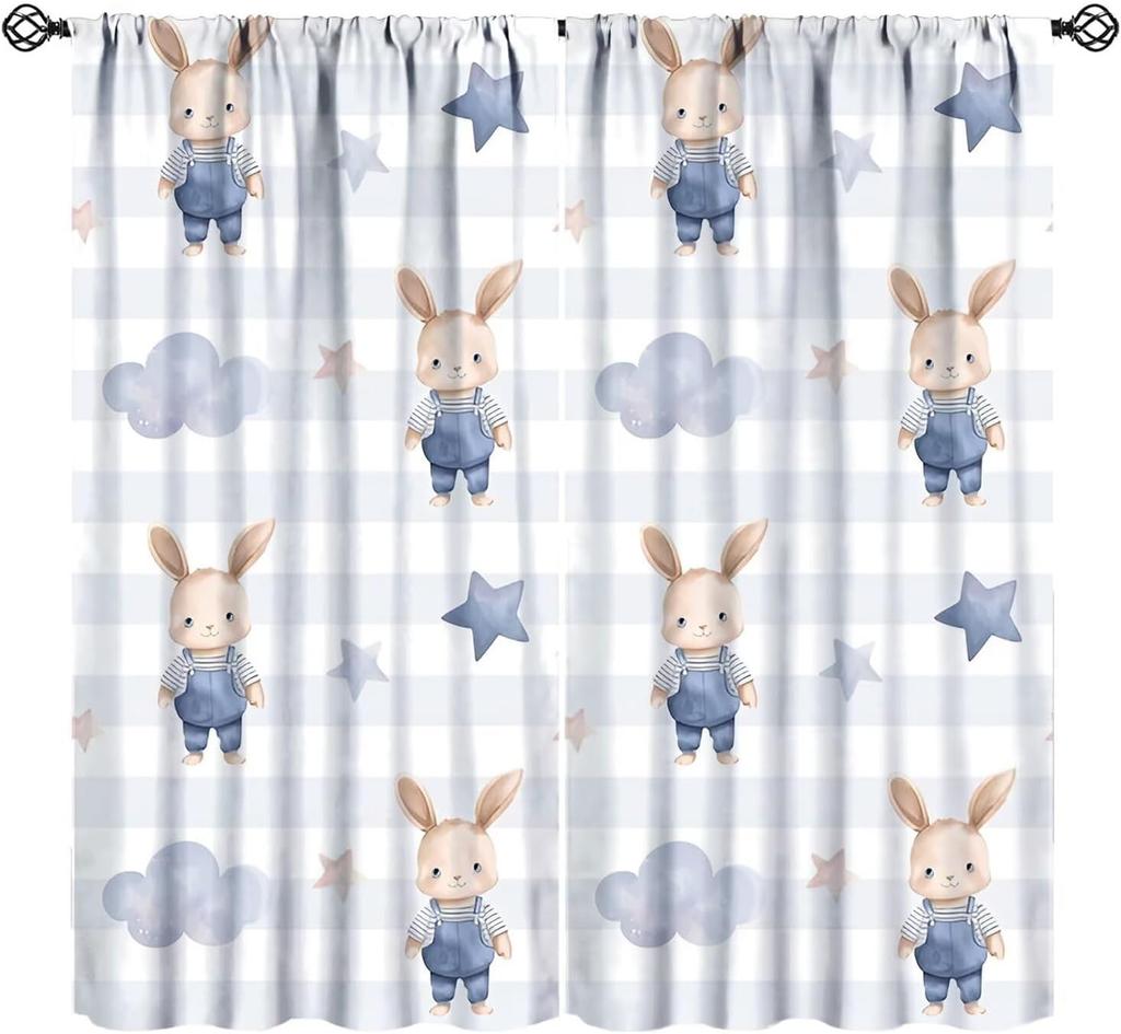 Cartoon Blue Bear Curta For Boys,Watercolor Little Cute Animal Aircrafts Hot Air Balloons Rainbow Window Drapes For Baby Boys