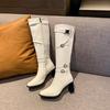 Giant Beauty~ White Coarse Heel Motorcycle Knight Boots Women's British French Belt Buckle Height Increasing Skinny Long Fashion Boots Women
