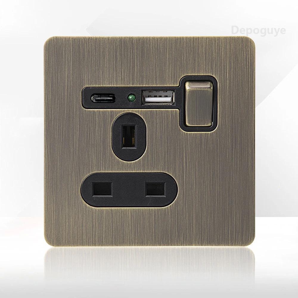 Retro Eu Metal Panel Wall Toggle Light Switch Socket,Bronzed Antique Stainless Steel German 16A Socket with USB Phone Charging