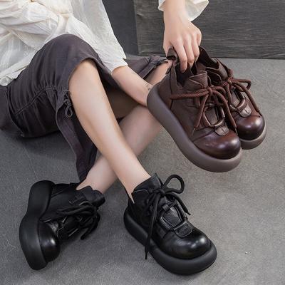 Stivaletti Corti Stringati Versatili Stile Britannico Suola Spessa Vera Pelle Scarpe da Donna