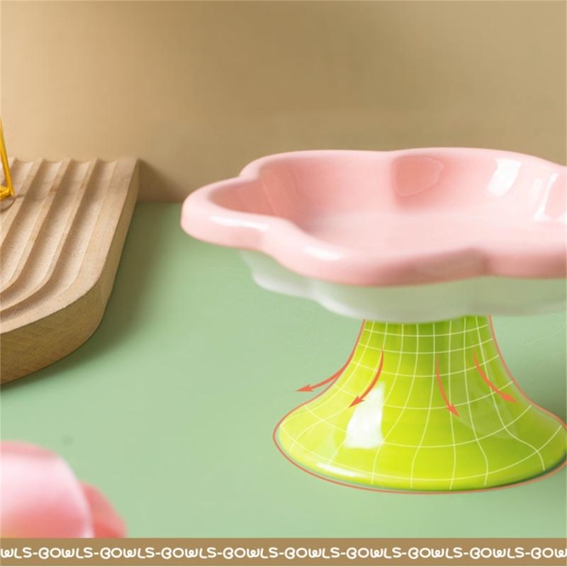 Ceramic Pet Bowl Flower Shape Cats Food Dish Nonslip Elevated Stand Feeding Plate for Neck Protections and Easy Cleaning