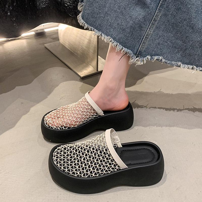 2025 letní pantofle s poloviční patou, silnou podrážkou, šněrováním, duté, prodyšné síťované boty, univerzální k sukním a sandálům
