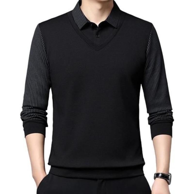 Uomo Autunno Primavera Camicia Collo Turn-down Finto Due Pezzi Maglione Patchwork Taglie Forti Righe Bottoni Stile Formale Business Uomo Top Ufficio