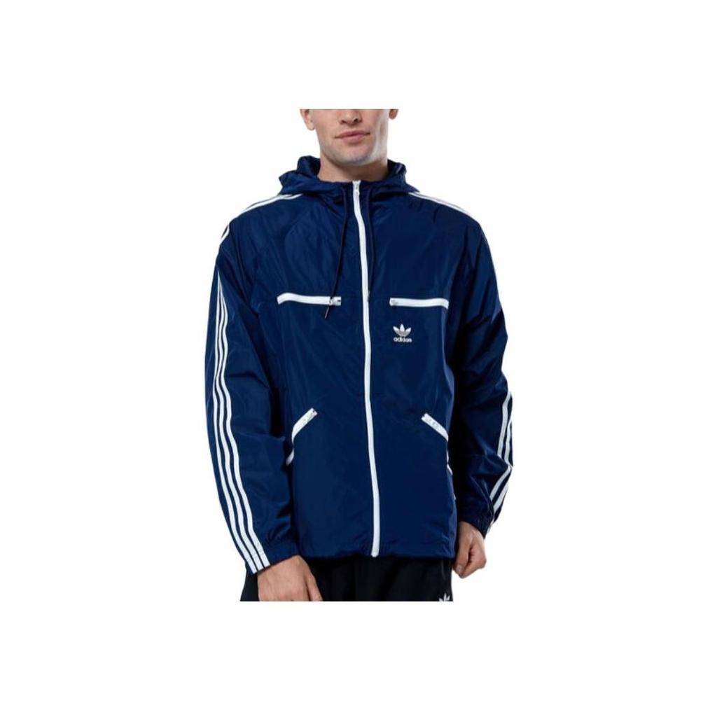 adidas Originals Trefoil Logo Embroidered Hooded Drawstring Zip Jacket Men Jackets Blue IB9961