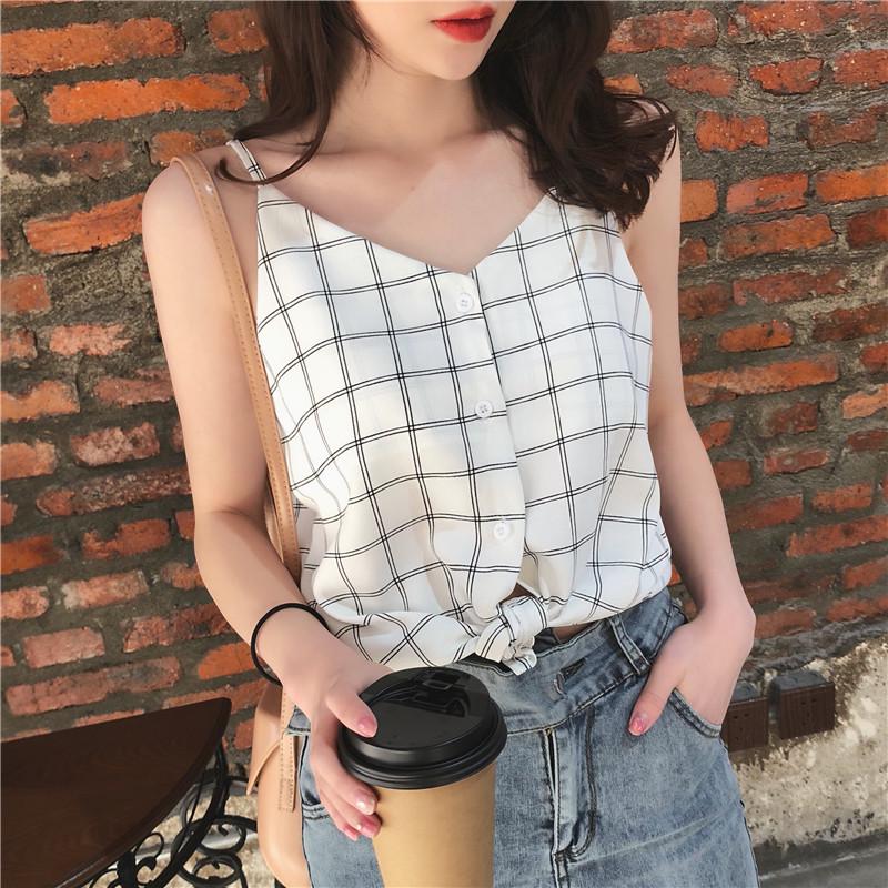 Retro Chic kariertes Chiffon-Camisole - Damen lockeres ärmelloses Sommeroberteil