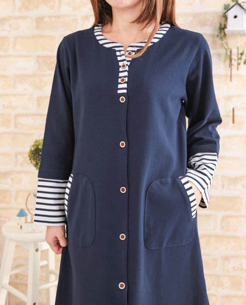 Eye Cotton Slightly Thick Knit with Border Switching Long Sleeve Open Front Dress Item Nightgown 35059 K's 100% Women's Spring/Autumn (M-L, Navy)