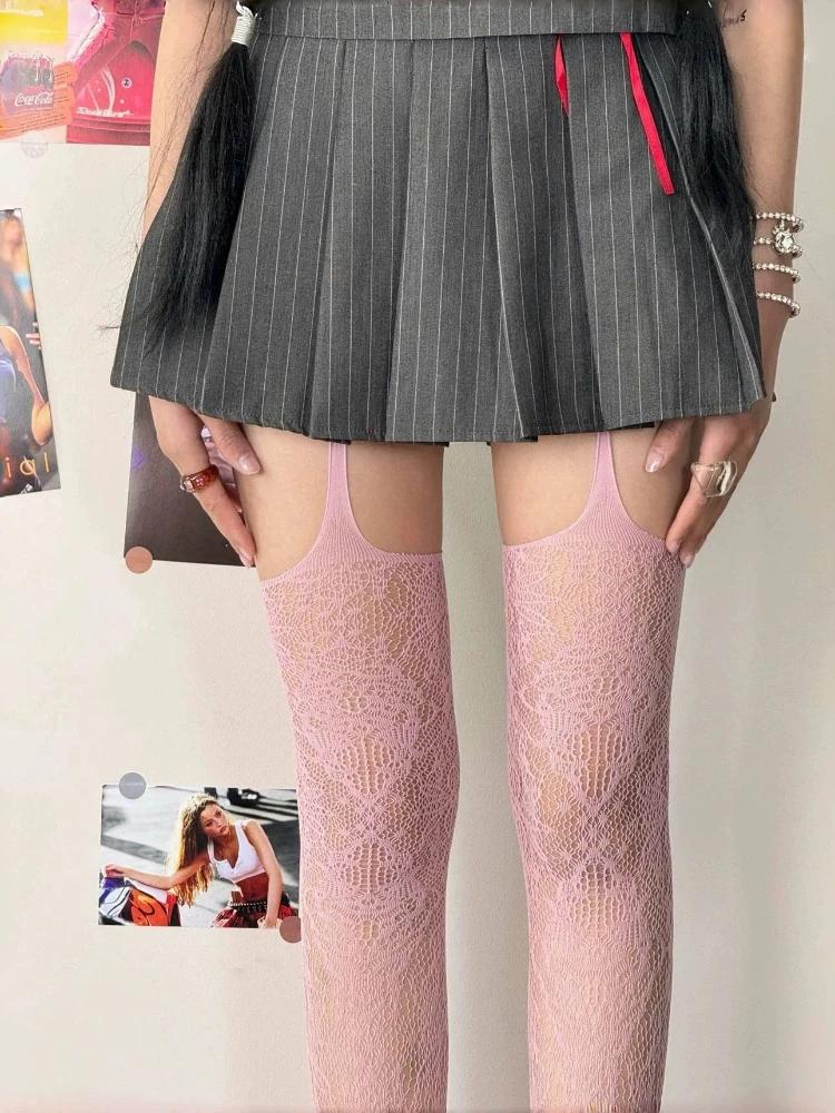 New Print Brown Fishnet Stockings Women Sexy Coffee Hollow Out Thigh High Socks Gothic Lolita Japanese Over The Knee Long Socks