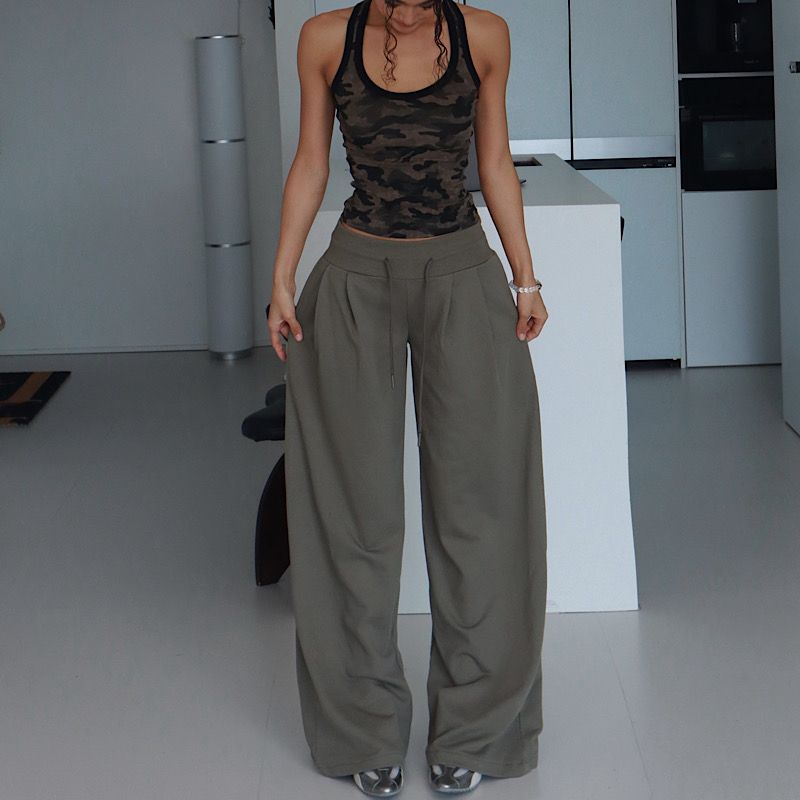 

European and American Drawstring Casual Pants Women Summer New Lazy Loose Wide-Leg Pants Mop Pants Straight Pants Greyish green L