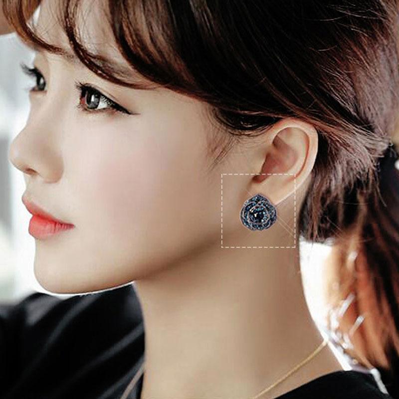 Luxurious Blue Rhinestone Rose Flower Vintage Earrings Women Red Camellia Ear Stud Earring Chic Jewelry