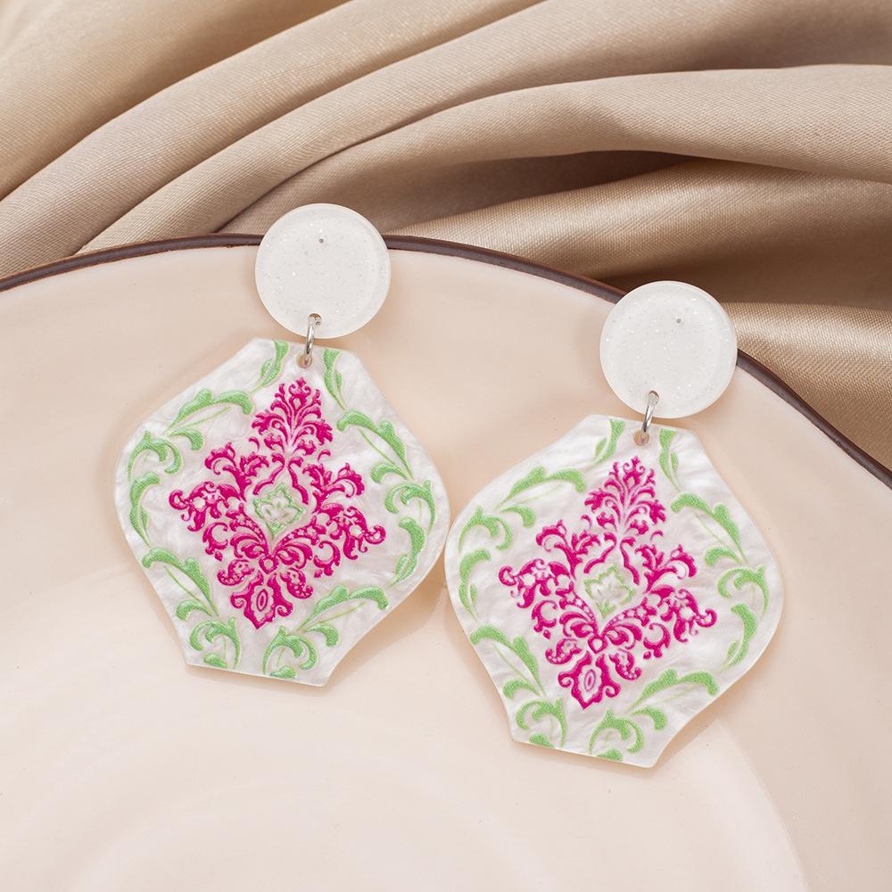 Ethnic Green & Purple 3D Acrylic Vase Earrings with Blue & White Porcelain Pattern