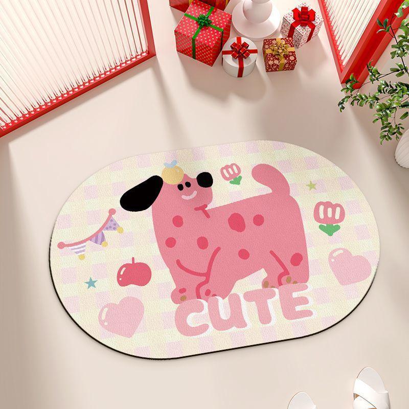 Ins Style Cute Modern Pink Puppy Toilet Bathroom Door Mat Shower Room Non-slip Absorbent Foot Mat