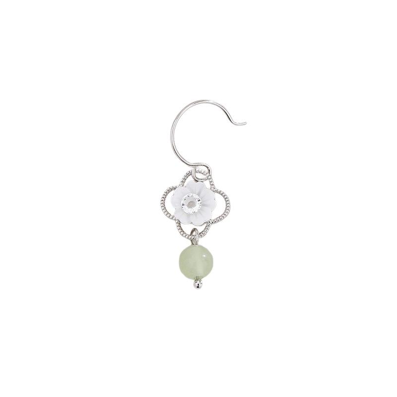 Hetian Jade White Flower Earrings Celebrity Court Style Camellia Ear Hook Hollow Four-Leaf Clover Zircon Flower Earrings