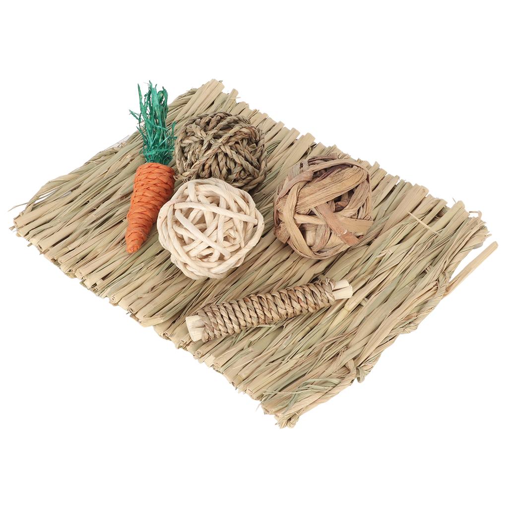 Hamster Chew Toy Set Hand Woven Teeth Grinding Toxic Free Pet Grass Mat Ball Toys for Guinea Pig Rabbit Parrot