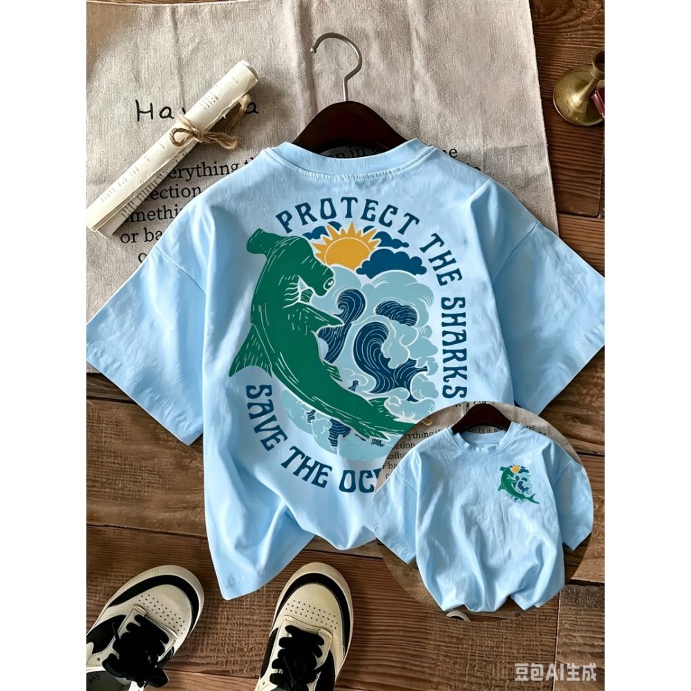 New Arrival Cotton Hammerhead Shark Graphic Short Sleeve Daily Casual Unisex Kids Adults Loose Beach Top