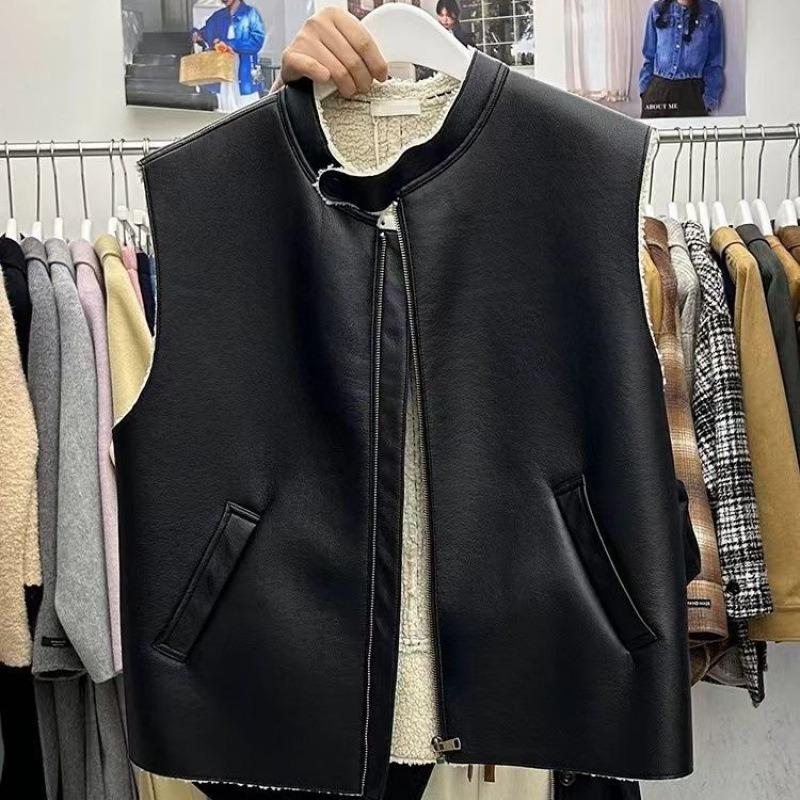 

пу мех интегрированный жилет женский осенне-зимний женская одежда локомотивный стиль ягненок плюшевая кожаная куртка жилет L120-72.5 kg чёрный