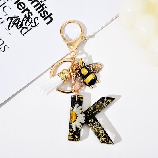Talos Black Series Keychain Pendant, Dried Flower Initial Letter Charm Key Chain with Bee Tassel Design, A-Z Holder for Bag Purse Backpack
