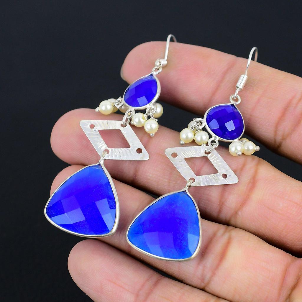 925 Silver Trillion Blue Sapphire Gemstone Drop Hook Daughter Earrings Jewelry