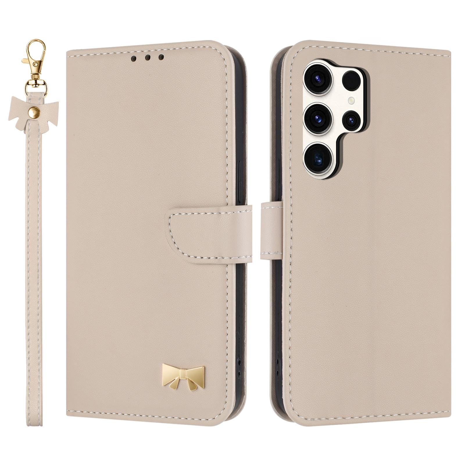 

For Samsung Galaxy S25 Ultra Case Bowknot Decor Wallet Leather Phone Cover with Wrist Strap Khaki