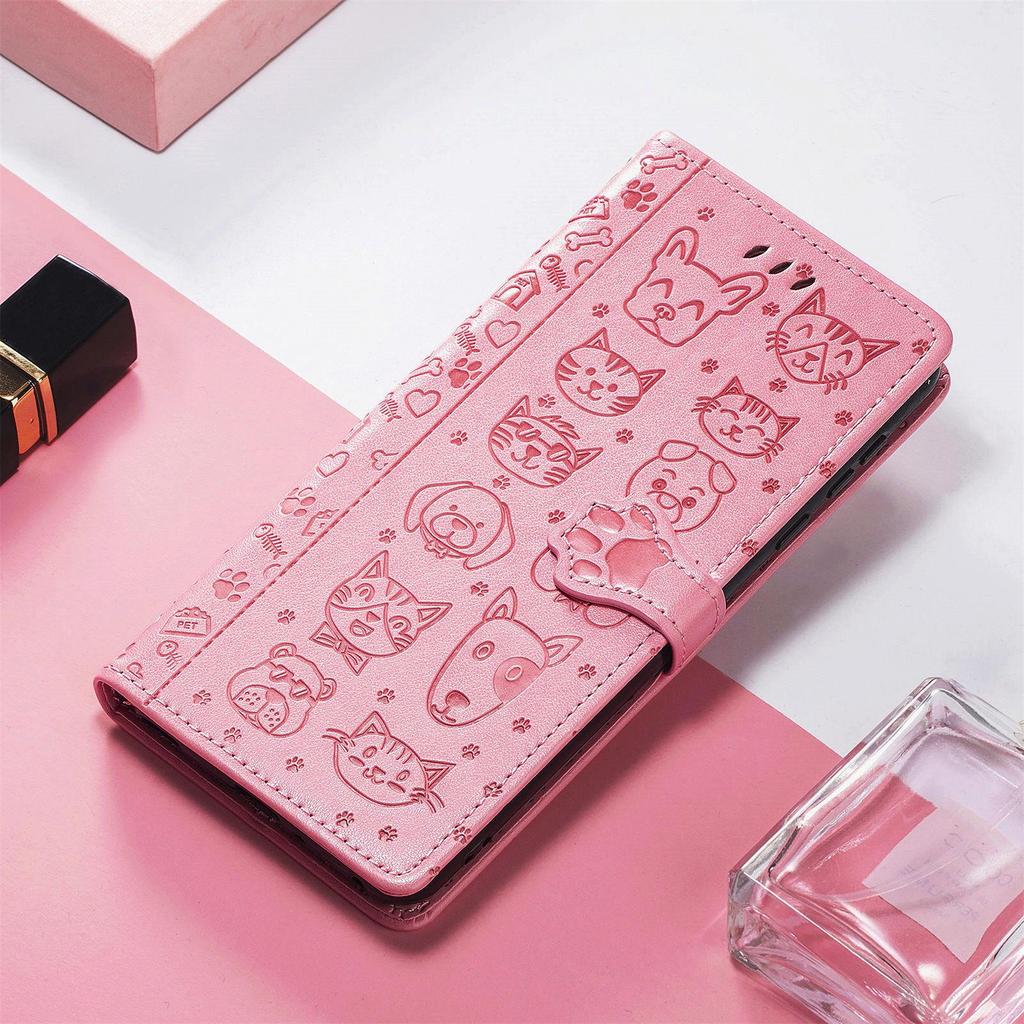 iPhone 16 Flip Leather Case - PU Embossed Cat Dog Design - Compatible with Apple 15