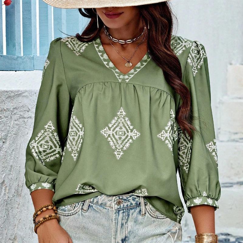 Summer New Fashion Printed V-neck Loose Blouse Women Seven Quarter Sleeve Casual Women's Shirts Tops Vintage Simple Slim Fit Female Blouses 26426