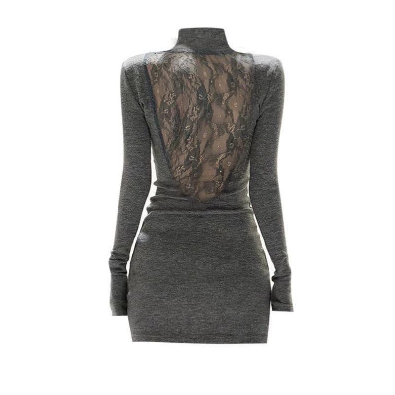 Gray Lace Patchwork High-Neck Slim Fit Dress - Women s Autumn/Winter Style 3XL серый