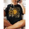 European Size Black Sunflower Print T-Shirt - Short Sleeve Crew Neck Casual Round Neck Tee, Regular Fit Suitable for Beach, Camping, Casual Attire