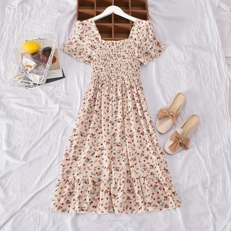 New Spring Summer Dress Women Mini Dresses Female Short Sleeve Elastic Bust Printed Floral Pleated Backless Casual Dress