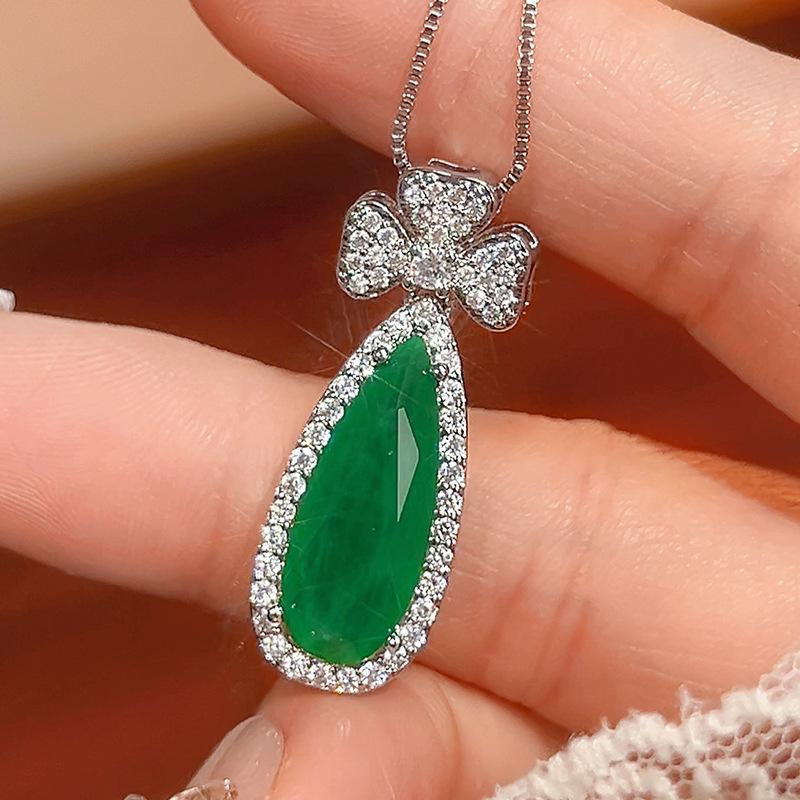 Accessories Set Earrings Necklace Pink Zirconium Paraiba Emerald Droplet Female Light Luxury
