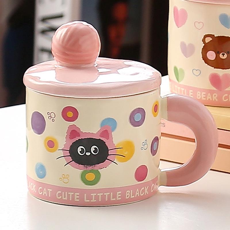 Cat mug with lid ceramic cup coffee cup birthday gift puppy bear high value office water cup ≈380ml