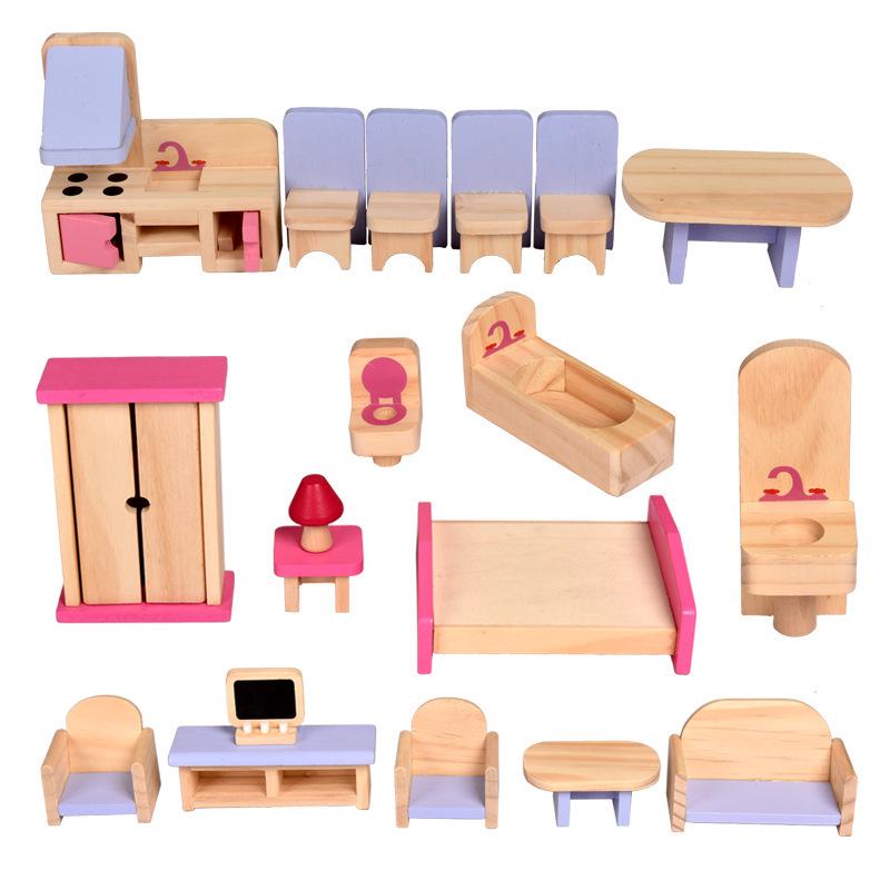 Wooden Doll Furniture Set: Mini Sofa, Cabinet, and Wardrobe for Child's Pretend Play