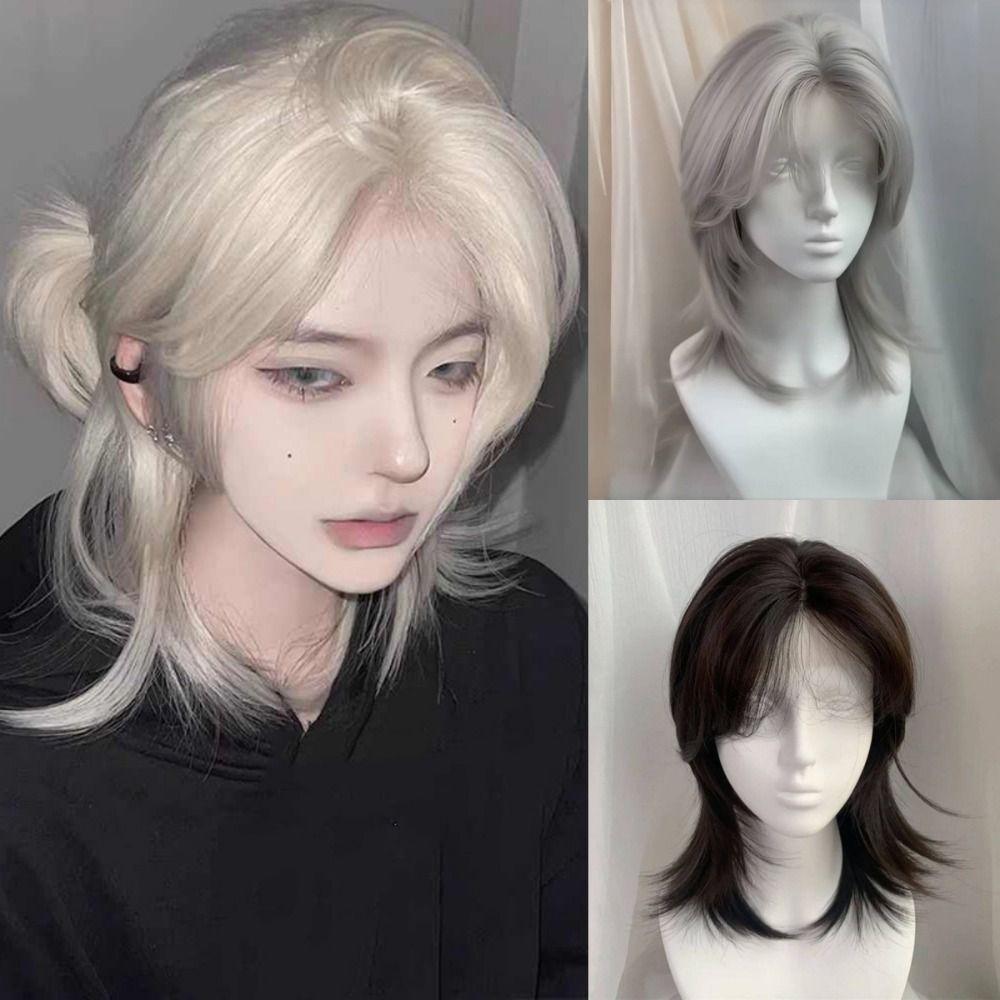Short Straight Mullet Head Wigs with Bangs Wolf Tail Anime Men Wigs Halloween