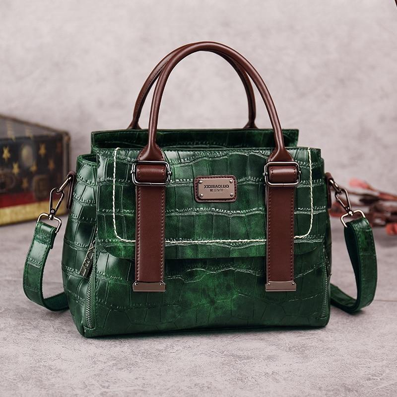 Johnature Retro Oil Wax Leather Women Bag Stone Pattern Fashion Handbag Large Capacity Female Shoulder & Crossbody Bags