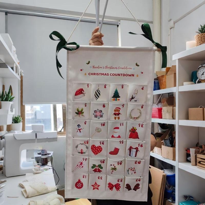 24 Numbered Advent Calendar Panel, Custom Fabric Christmas Wall Display for Entryways, Small Candy, Message Cards and Indoor Rooms
