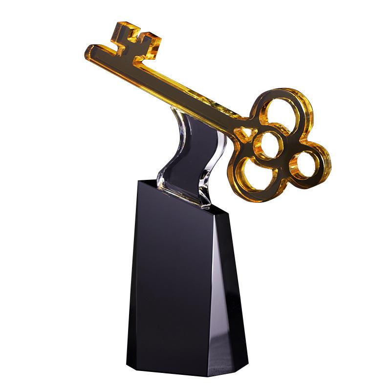 Glass Handicrafts Golden Key Transparent Crystal Trophy Customized Trophy Decorative Figurines Home Decoration Accessories