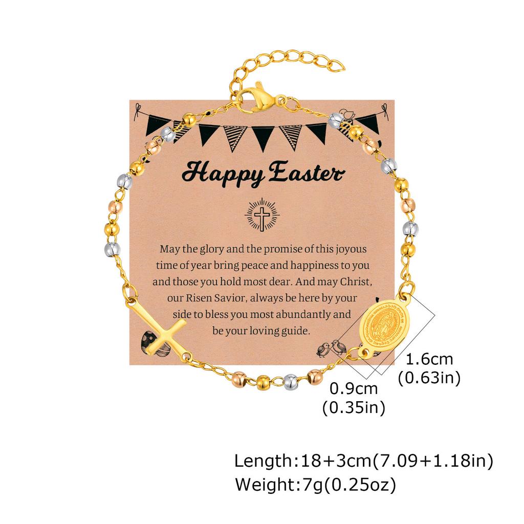 Vnox Rosary Bracelet with Easter Card, Gold Sliver Color Stainless Steel Religious Cross Virgin Mary Prayer Bracelets for Women