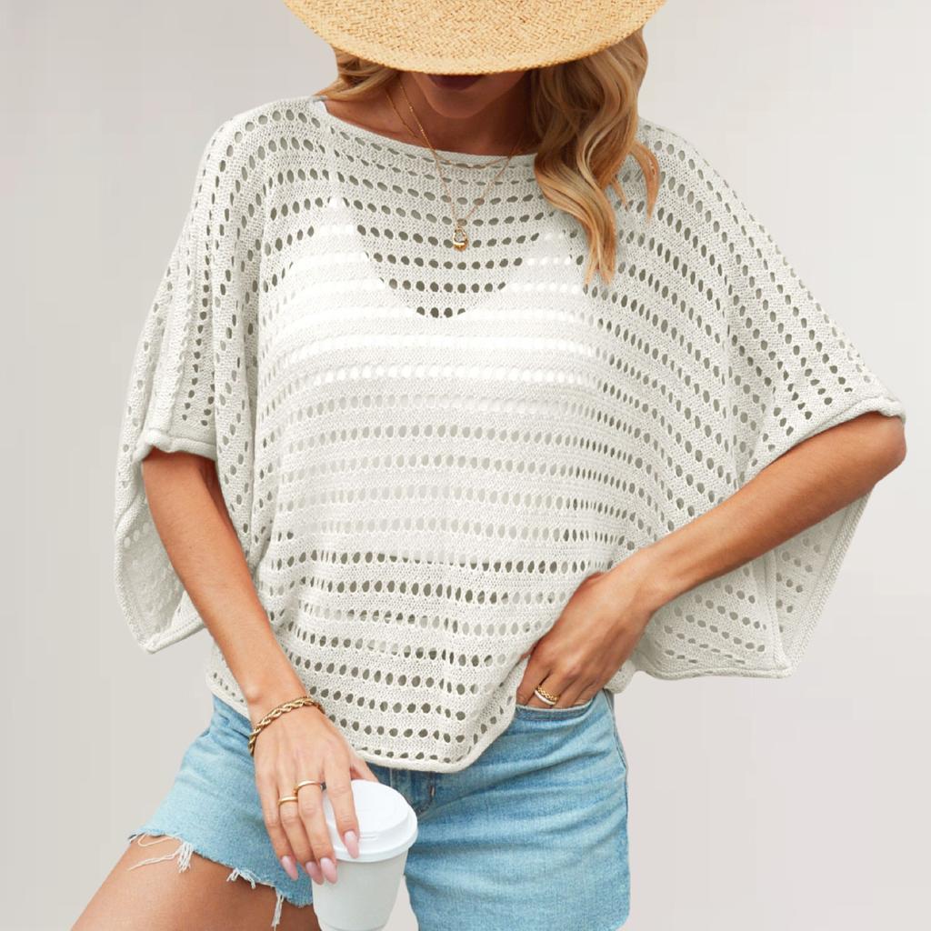 QICED O-Neck Solid Color Top Bat Sleeve Hollow Loose Large Size Sweater Women