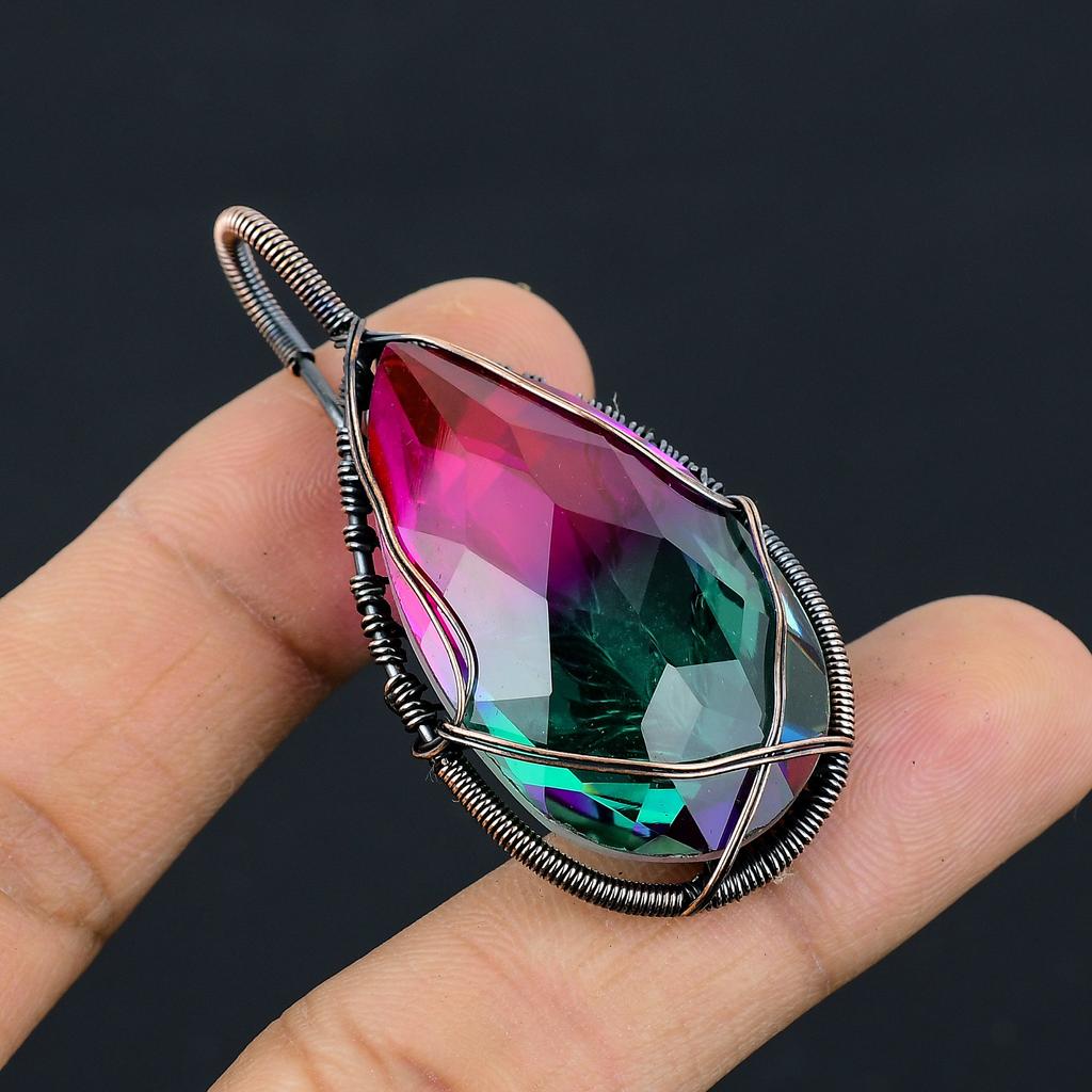 Turmalină Bicoloră Lucrată Manual Înfășurată în Sârmă de Cupru Bijuterie Pandantiv 2,2" U7Y78