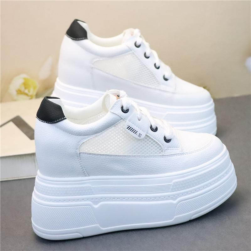 Fashion 12CM Women Summer Air Mesh Genuine Leather Shoes Vulcanize Platform Wedge Microfiber Platform Wedge Hollow Slides Sandals