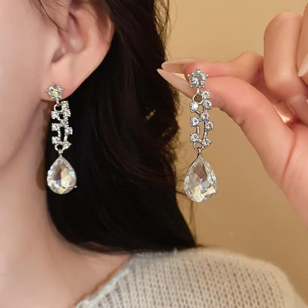 Luxury Sparkling Bride Necklace Waterdrop Crystal Tassel Earrings Rhinestones Pendant for Wedding Banquet