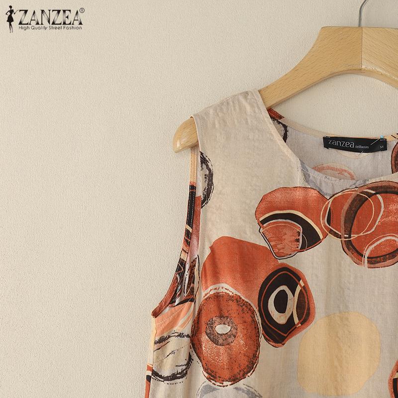 ZANZEA Women Holiday Casual Round Neck Sleeveless Print Dress