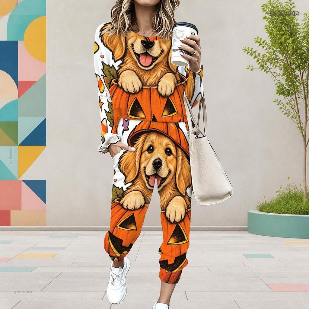 Women Plus Size Round Neck Long Sleeve Cartoon Raccoon Printed Cuffed Two Piece Pants Set With Pockets