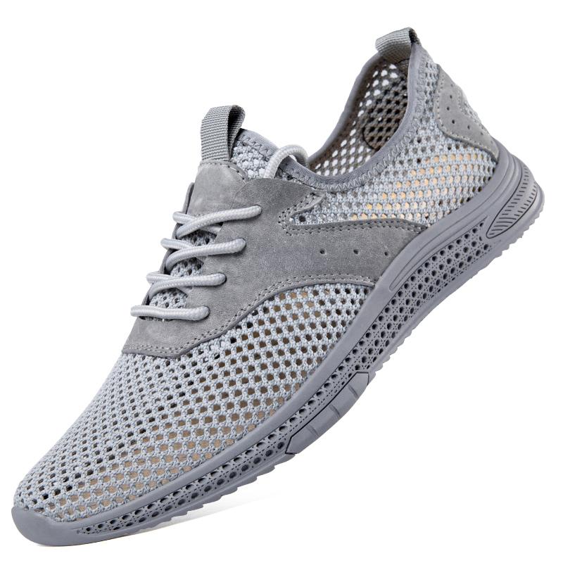 

2024 Новая мужская дышащая повседневная летняя обувь Мода для мужчин Мягкие кроссовки С перфорацией На шнуровке Обувь для вождения Кожаная мужская обувь 44 серый