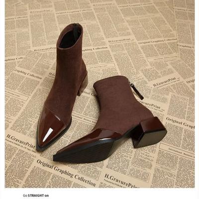Ankle Boots for Women Pointed Toe Square Heel Outdoor Soild Concise Office Lady Patchwork Boots Autumn Large Size Full Size 2024