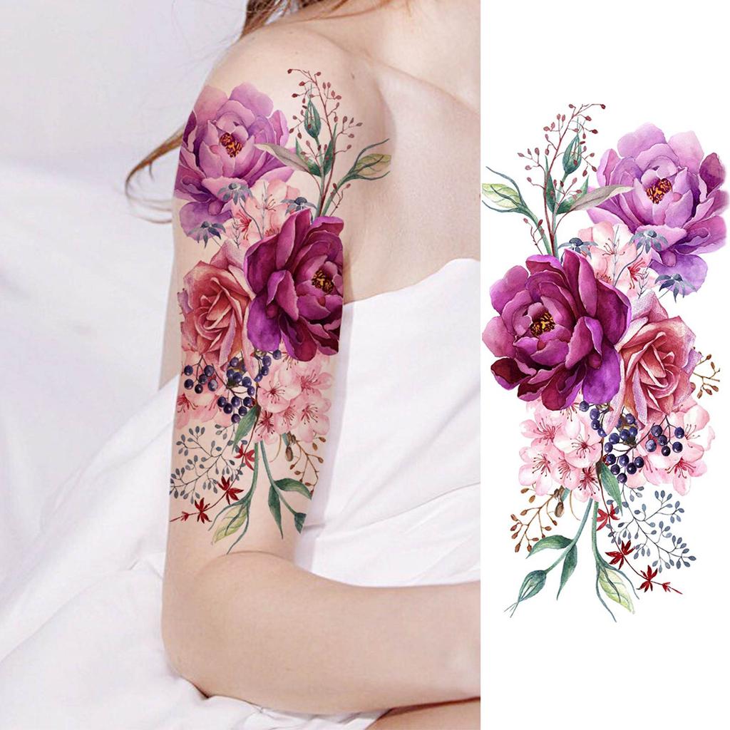 1 Sheet Black Flower Temporary Tattoos For Women Girls Realistic Fake Flora Floral Peony Tattoo Sticker Body Art Painting Decal