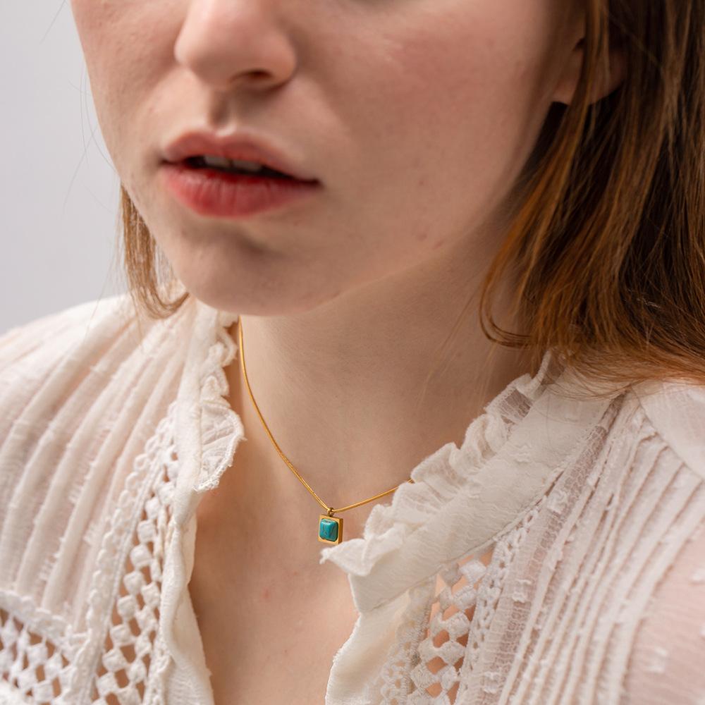 Geometric Style 18k Gold Stainless Steel Necklace With Blue Peacock Stone Trendy And Stylish