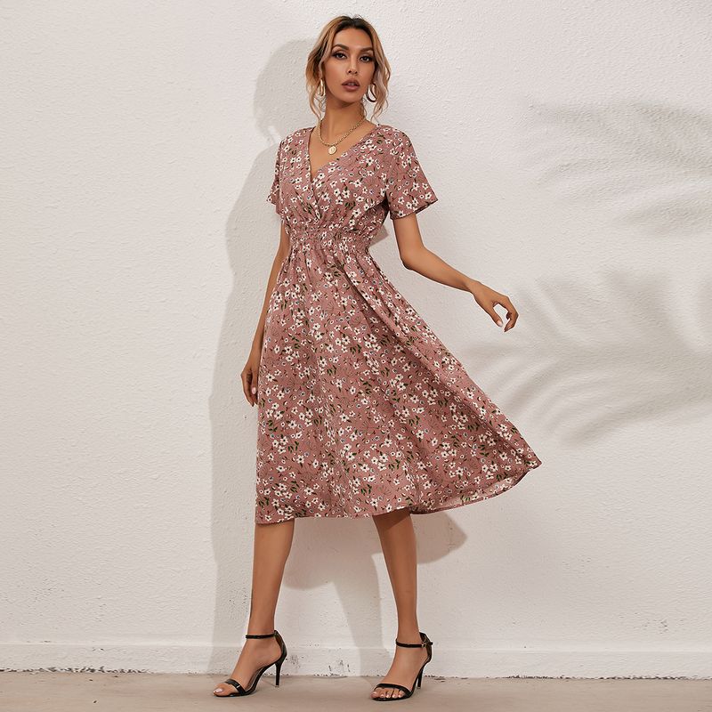 

Fresh and Stylish Slim-Waist A- line Floral Dress Pink XL